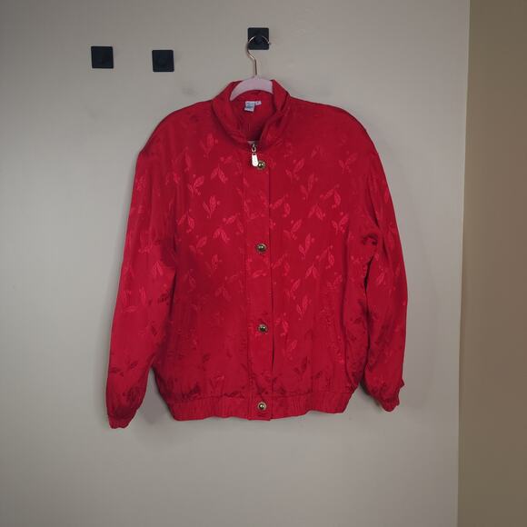 Vintage Fuda 100% Silk Bomber Jacket in Red Floral Size L - Picture 1 of 10